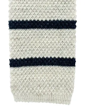 Brunello Cucinelli Square End Knitted Tie Beige Midnight Blue Horizontal Stripes SALE