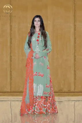 Dusky green and Red Reshamwork Kurti with Printed Lehenga Set by Oorvi Desai