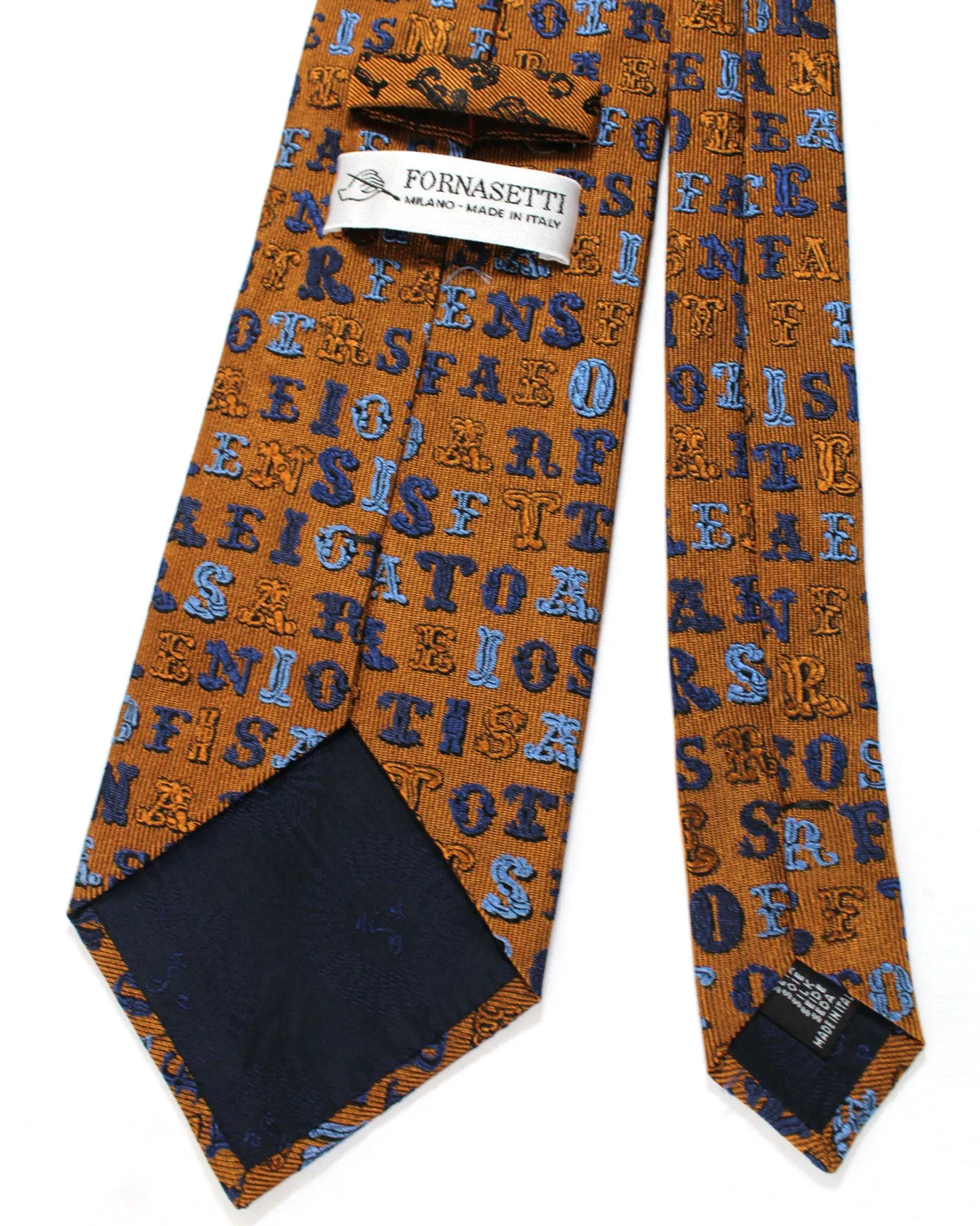 Fornasetti Tie Brown Blue Logo Design - Wide Necktie