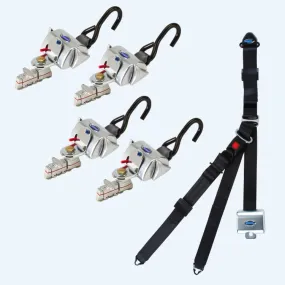 Q Straint System Deluxe; 4 QRT Deluxe Retractors with L-Track fittings with Retractable Lap & Shoulder Belt Combo (Series L Track)