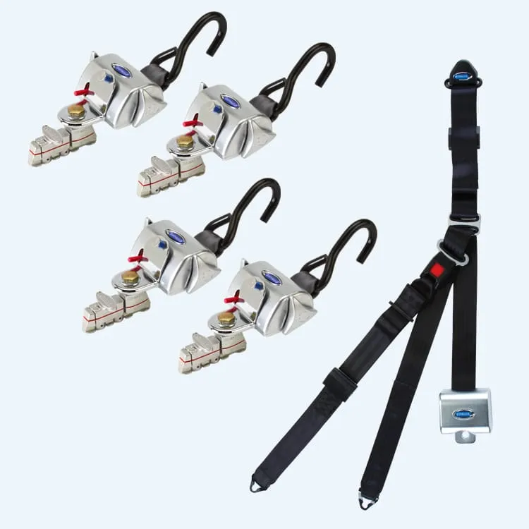 Q Straint System Deluxe; 4 QRT Deluxe Retractors with L-Track fittings with Retractable Lap & Shoulder Belt Combo (Series L Track)