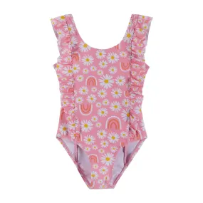 UPF 50  Daisy & Rainbow Print Ruffle One-Piece Swim Suit | Pink